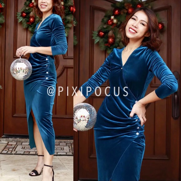 ZARA VELVET JEWEL BUTTON RUCHED MIDI DRESS BLUE - Picture 7 of 12